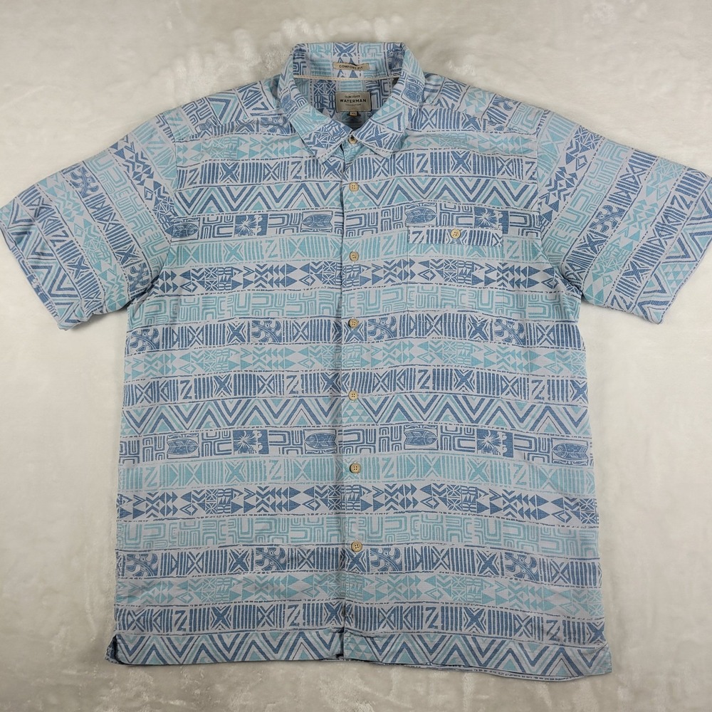 Quiksilver Waterman Shirt Men's XL Blue Sleeve Button Up Geometric Hawaiian